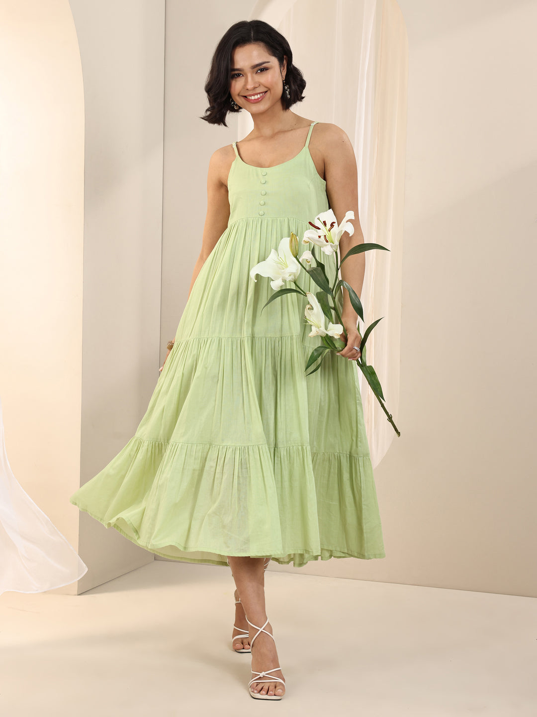 Green Solid Cotton Tiered Fit and Flare One Piece Dress