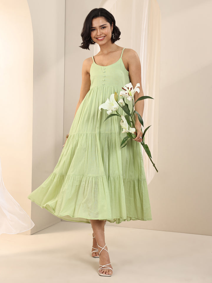 Green Solid Cotton Tiered Fit and Flare One Piece Dress