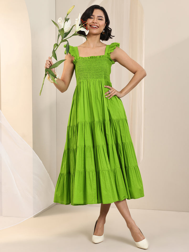 Green Solid Cotton Fit and Flare One Piece Dress