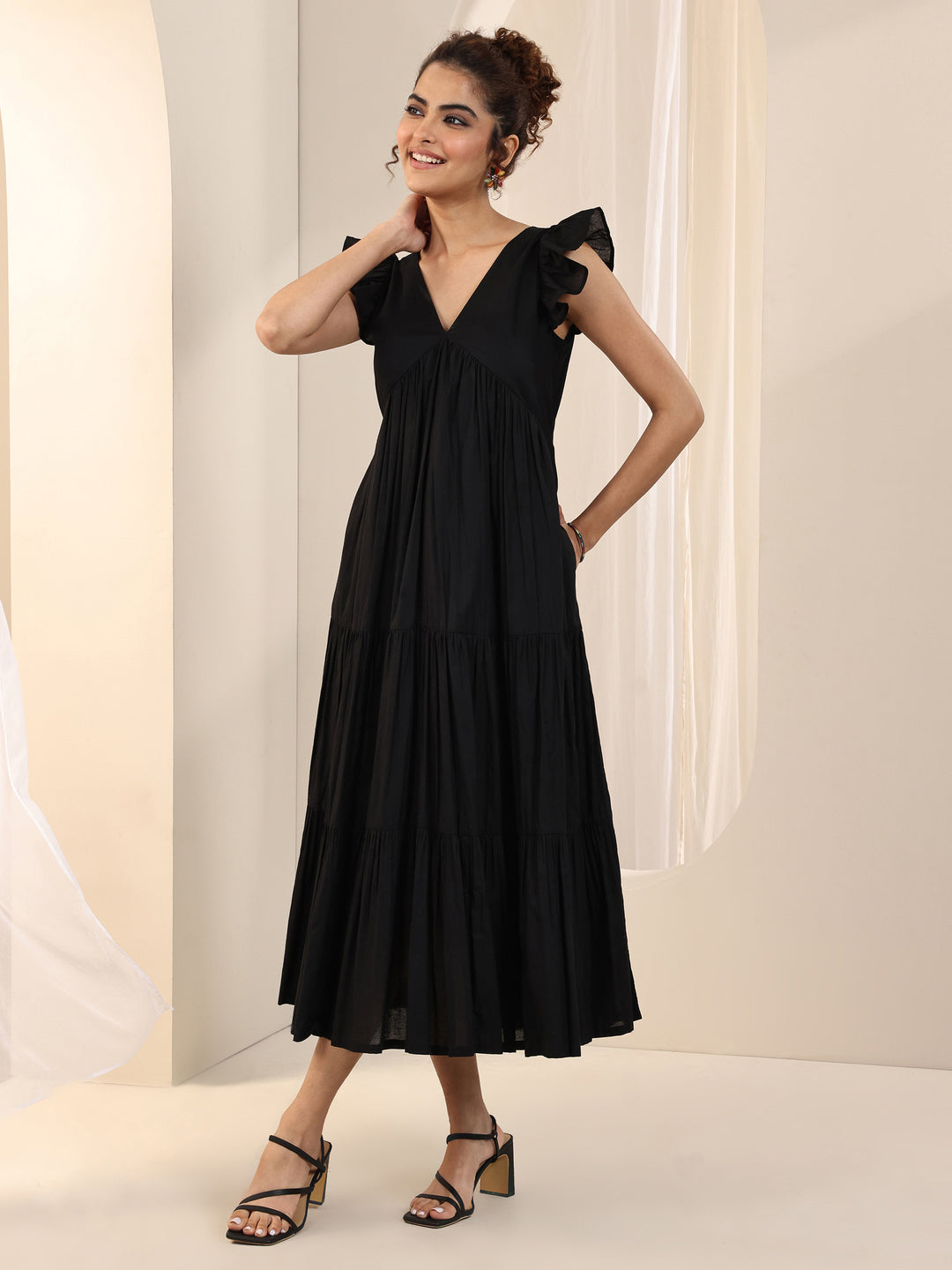 Black Solid Cotton Fit and Flare One Piece Dress