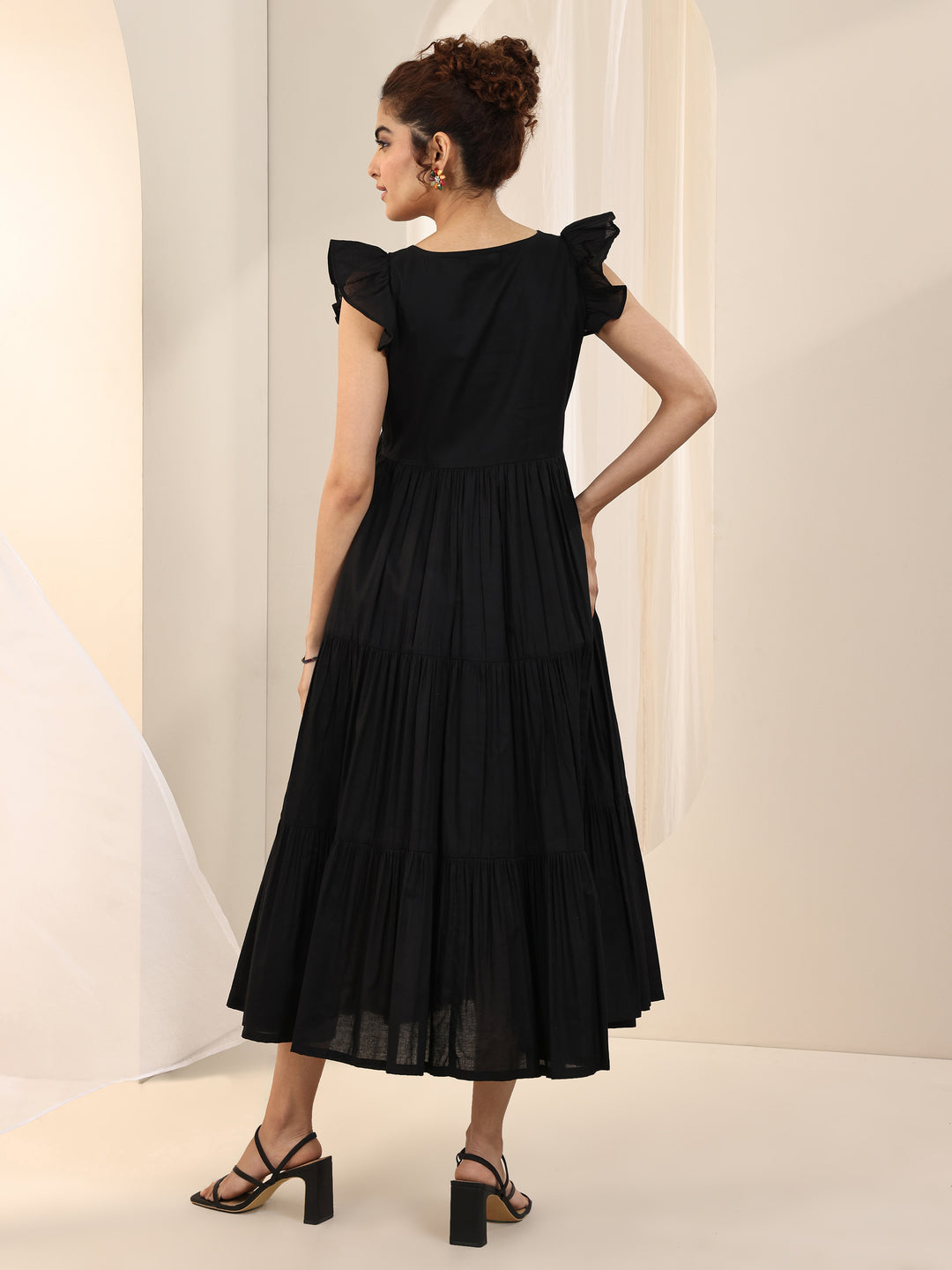 Black Solid Cotton Fit and Flare One Piece Dress