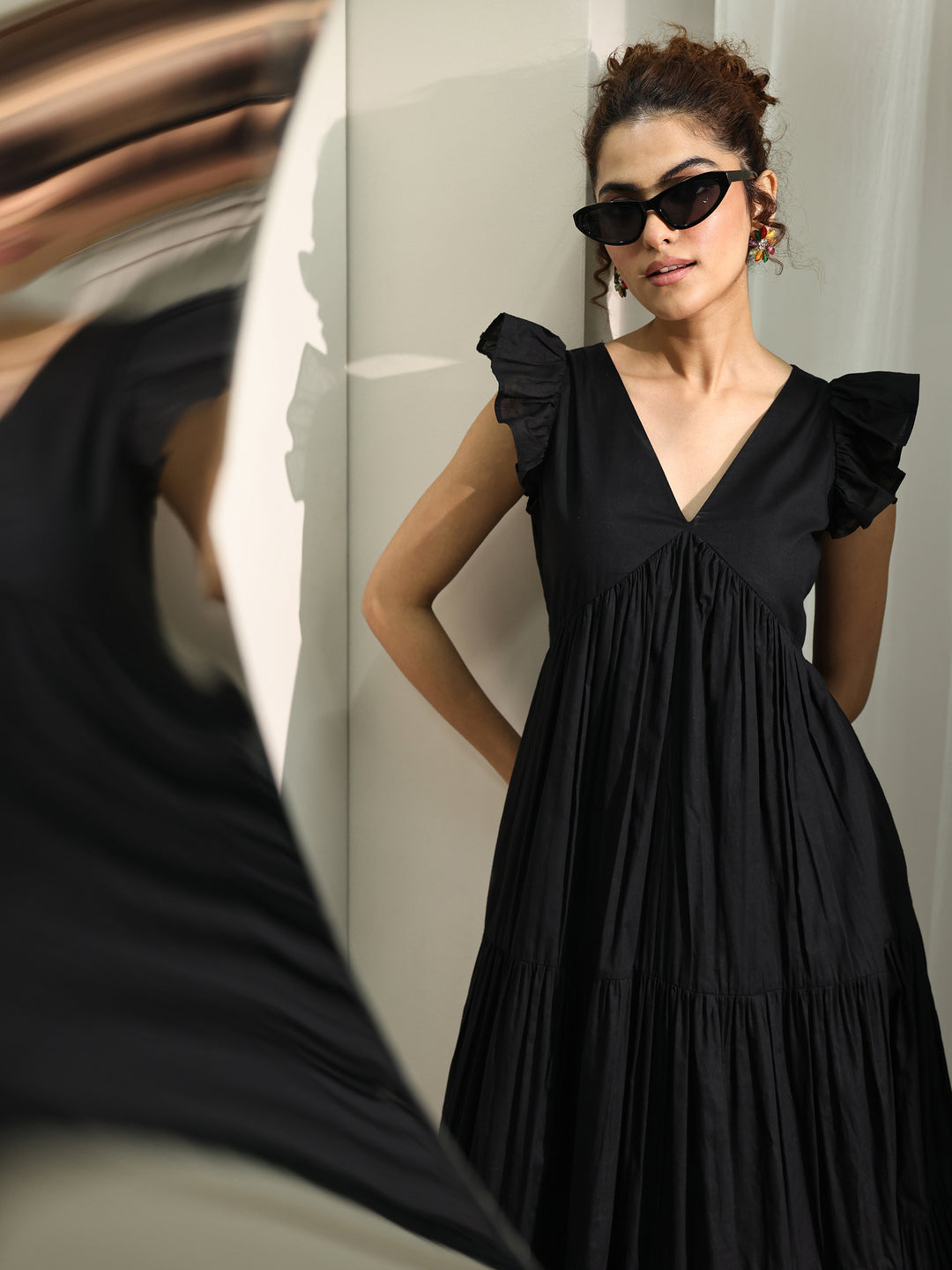 Black Solid Cotton Fit and Flare One Piece Dress