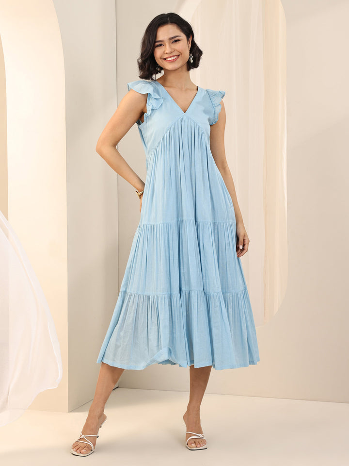 Blue Solid Cotton Fit and Flare One Piece Dress