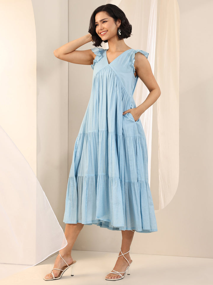 Blue Solid Cotton Fit and Flare One Piece Dress