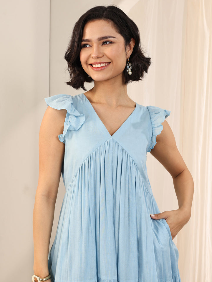 Blue Solid Cotton Fit and Flare One Piece Dress