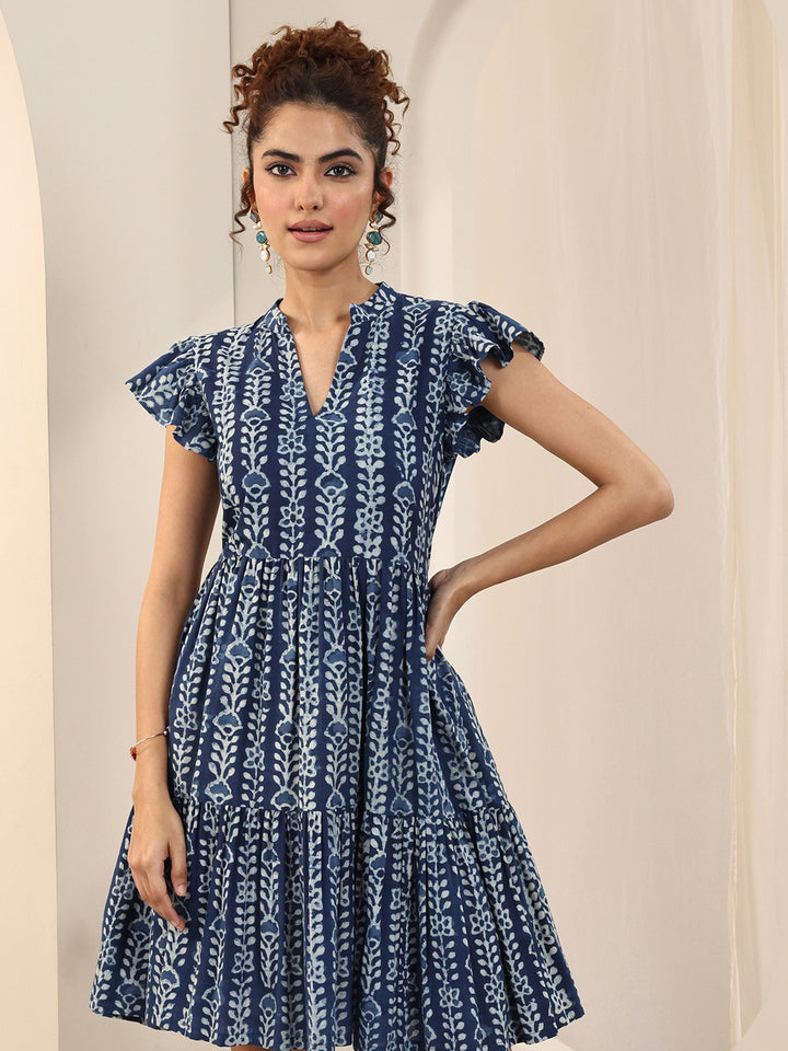 Indigo Printed Cotton Fit and Flare One Piece Dress