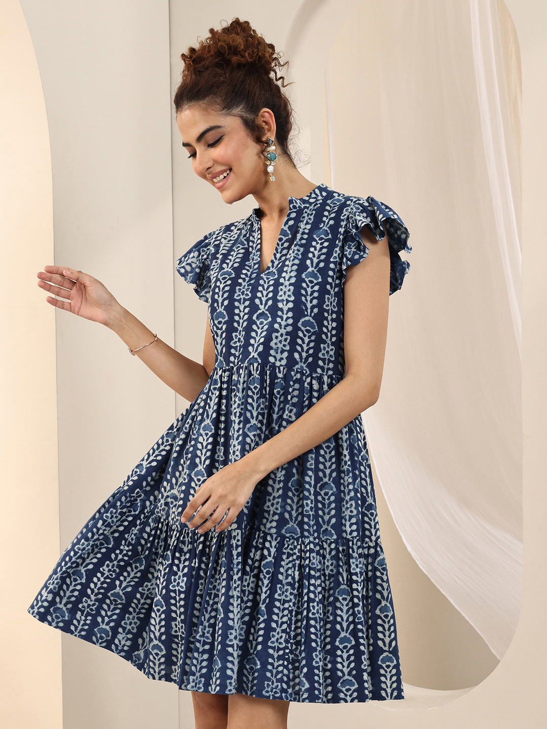 Indigo Printed Cotton Fit and Flare One Piece Dress