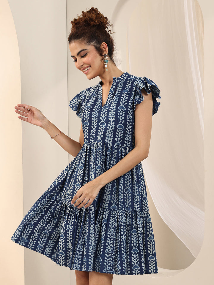 Indigo Printed Cotton Fit and Flare One Piece Dress