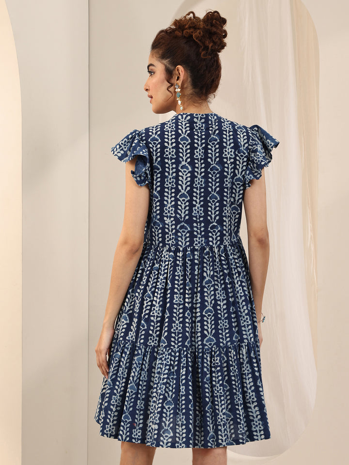 Indigo Printed Cotton Fit and Flare One Piece Dress