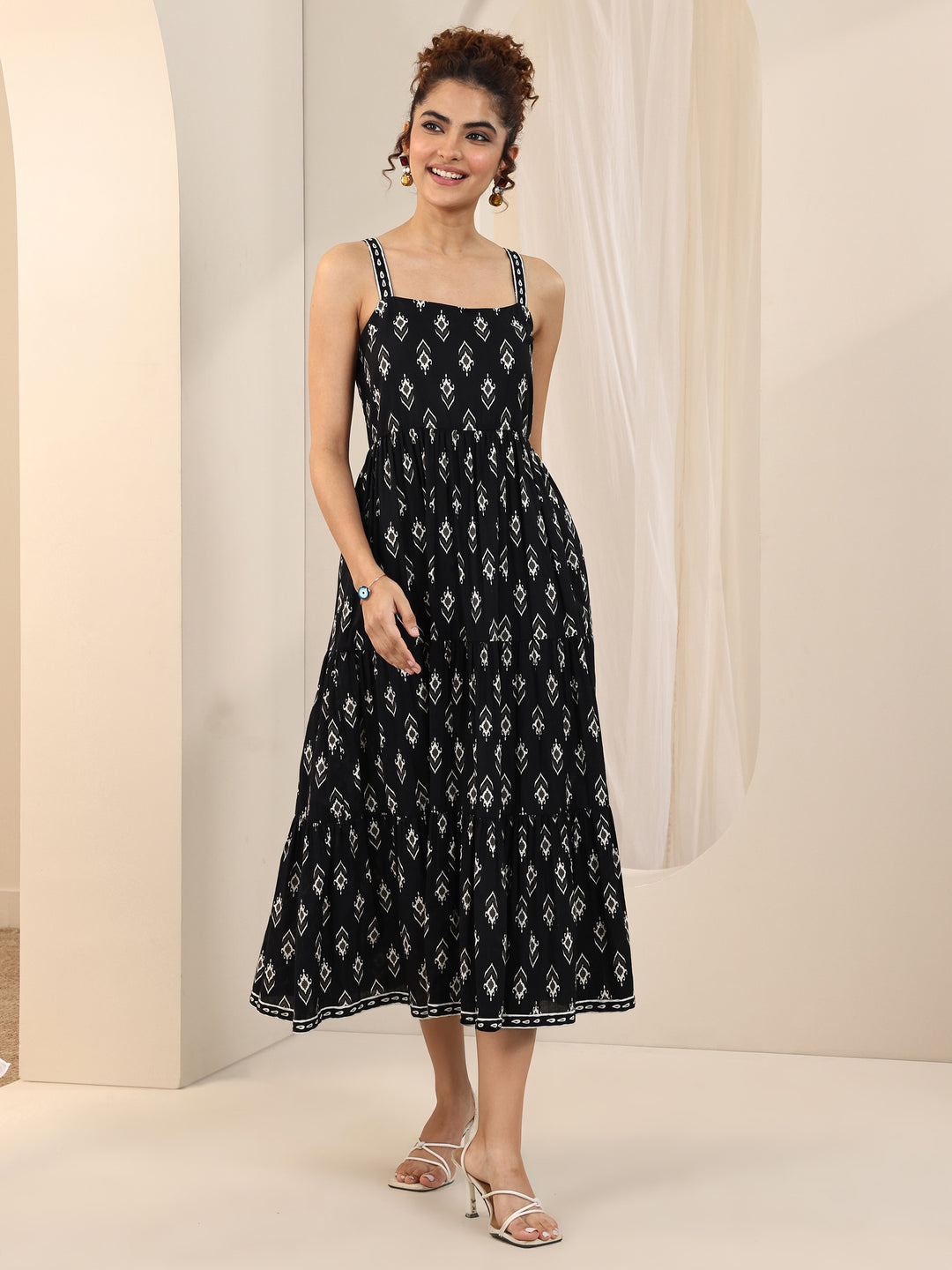 Black Printed Cotton Fit and Flare One Piece Dress