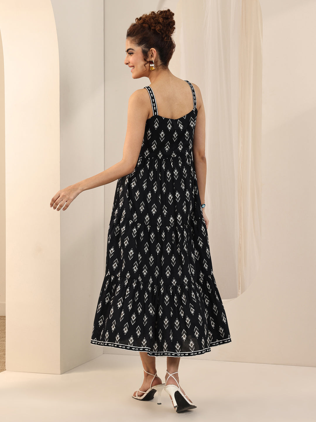 Black Printed Cotton Fit and Flare One Piece Dress