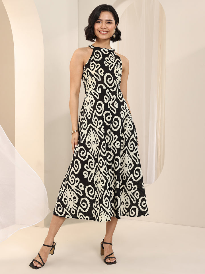 Black Printed Cotton Anarkali One Piece Dress