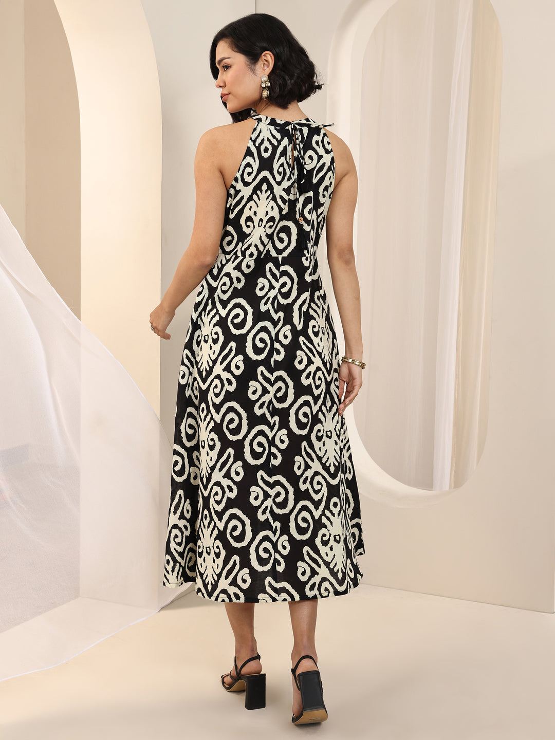 Black Printed Cotton Anarkali One Piece Dress