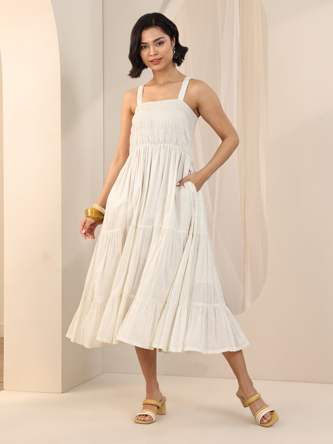 Off White Solid Cotton Tiered Fit and Flare One Piece Dress