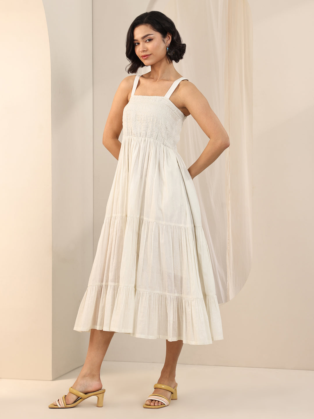 Off White Solid Cotton Tiered Fit and Flare One Piece Dress