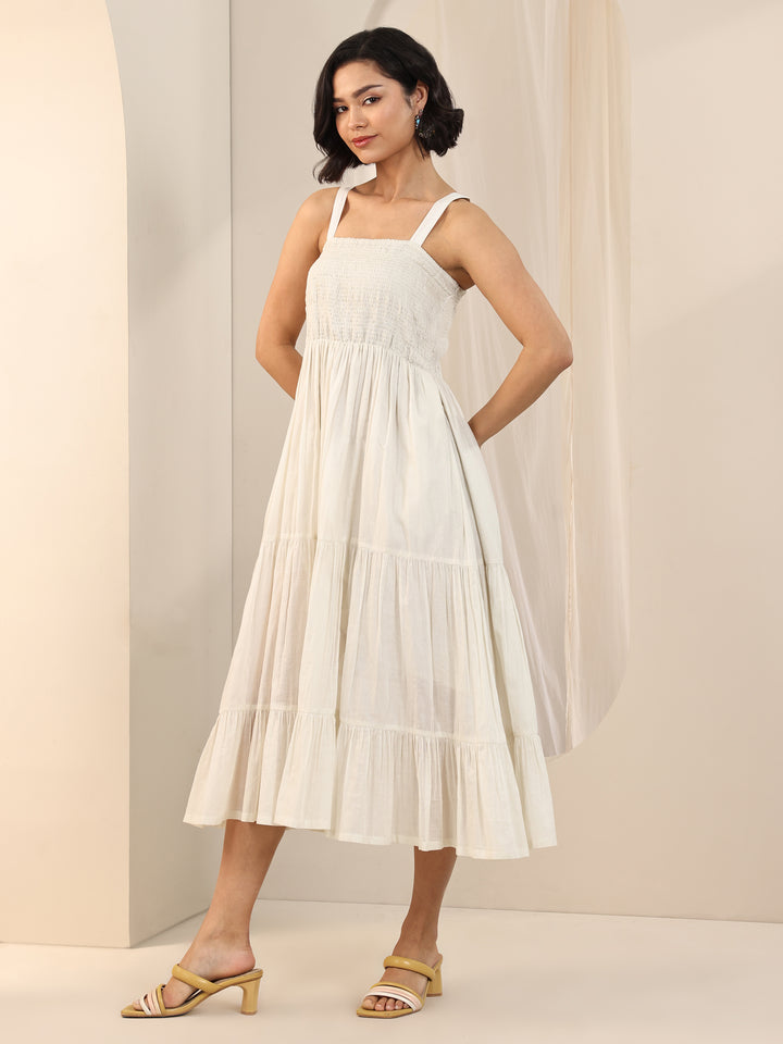 Off White Solid Cotton Tiered Fit and Flare One Piece Dress