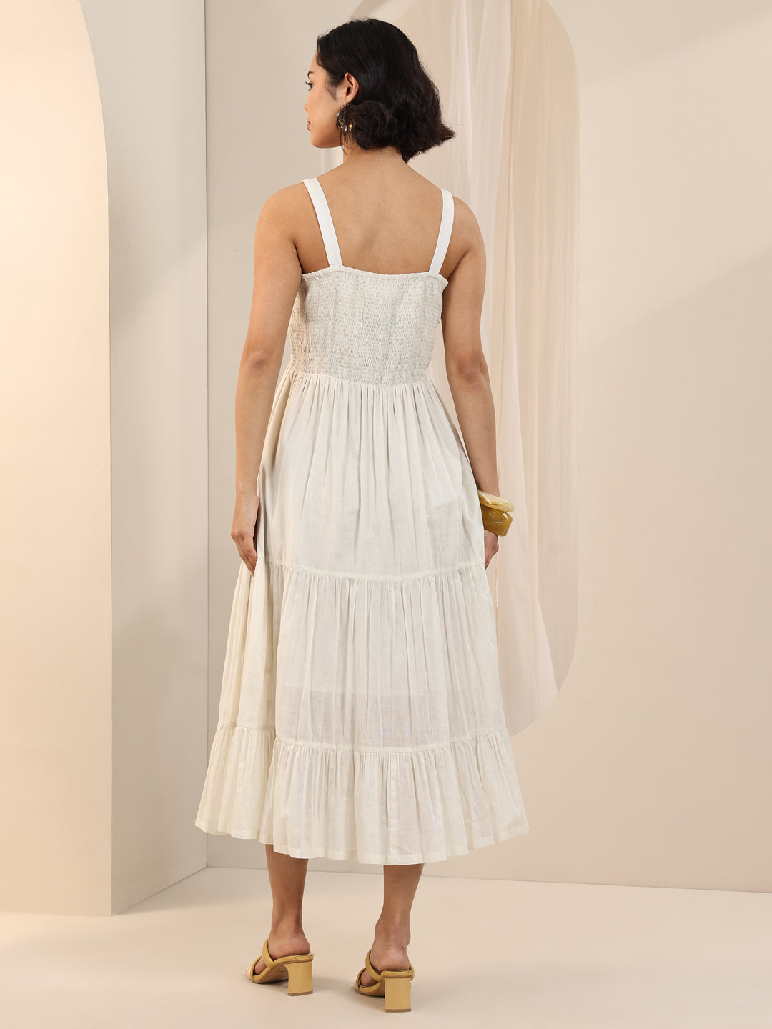 Off White Solid Cotton Tiered Fit and Flare One Piece Dress