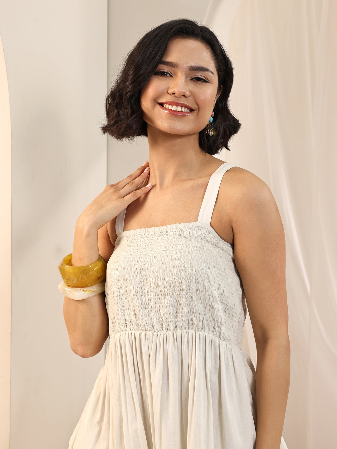 Off White Solid Cotton Tiered Fit and Flare One Piece Dress