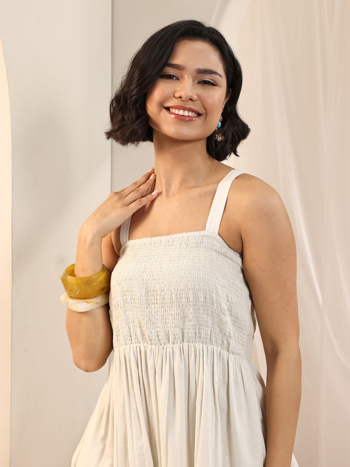 Off White Solid Cotton Tiered Fit and Flare One Piece Dress