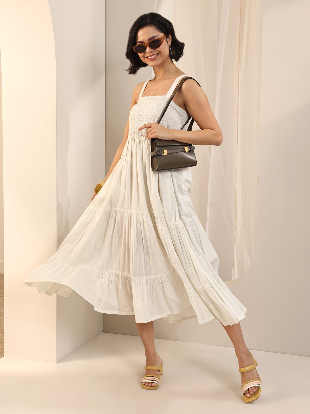 Off White Solid Cotton Tiered Fit and Flare One Piece Dress