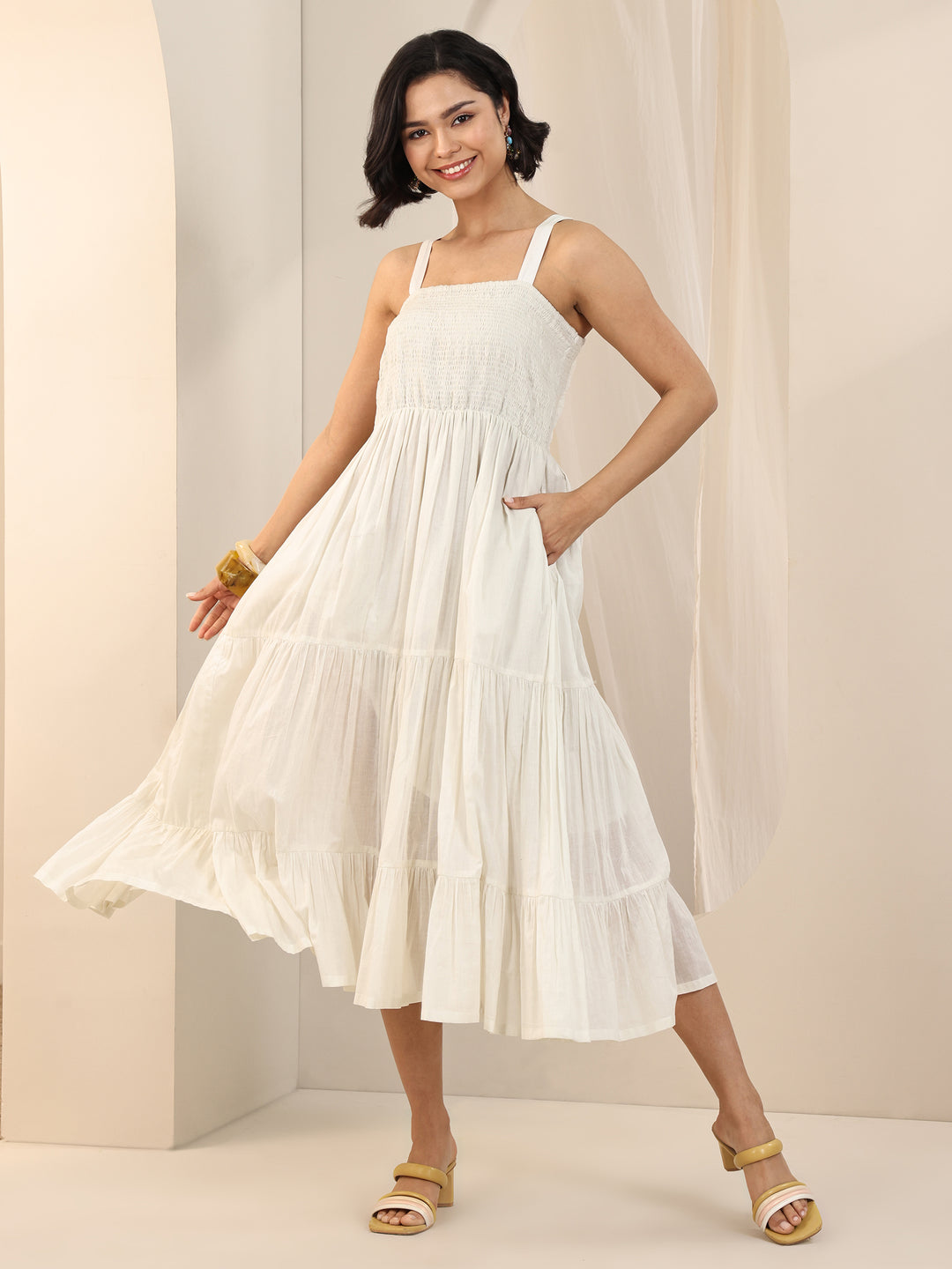 Off White Solid Cotton Tiered Fit and Flare One Piece Dress