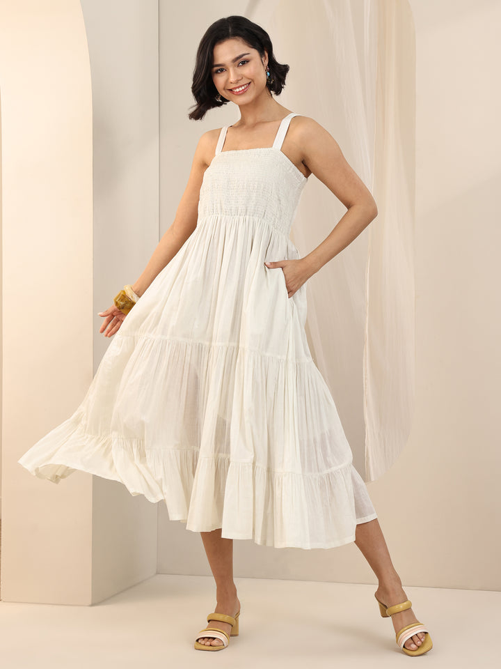 Off White Solid Cotton Tiered Fit and Flare One Piece Dress