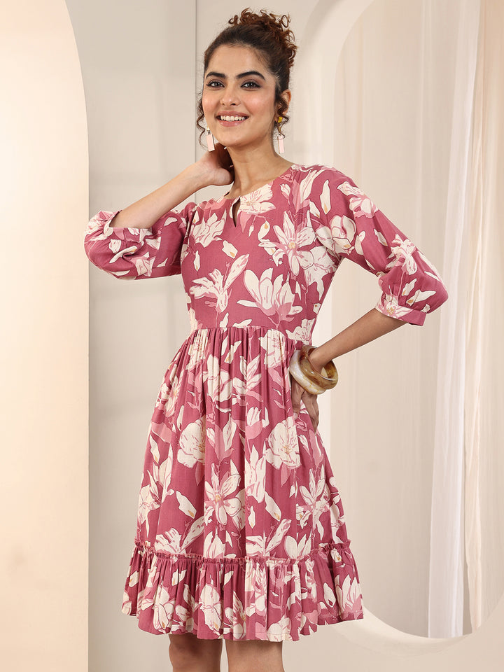 Rust Printed Cotton Fit and Flare One Piece Dress