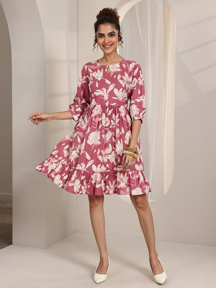 Rust Printed Cotton Fit and Flare One Piece Dress