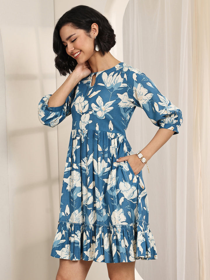 Blue Printed Cotton Fit and Flare One Piece Dress