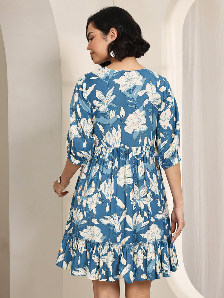 Blue Printed Cotton Fit and Flare One Piece Dress