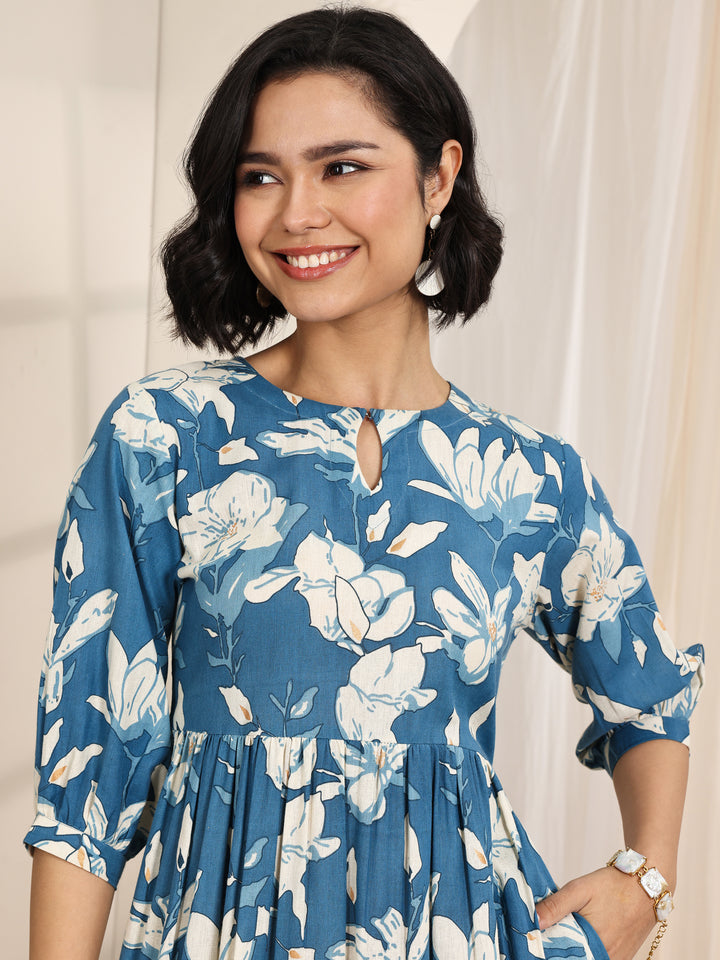 Blue Printed Cotton Fit and Flare One Piece Dress