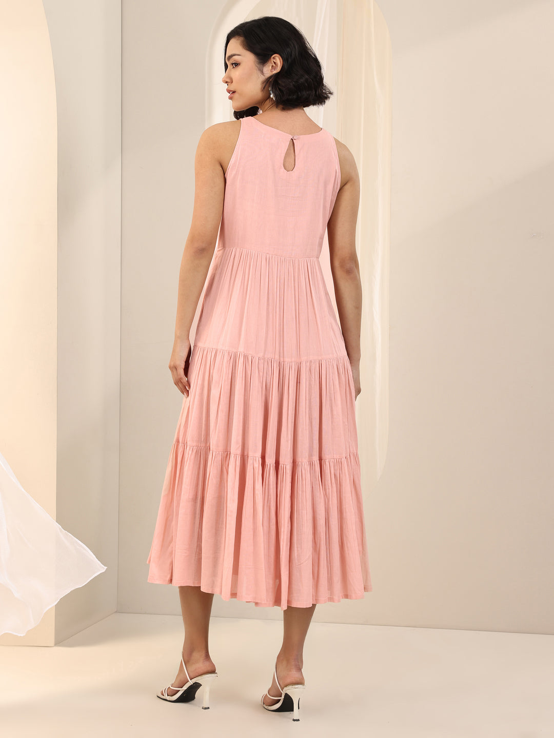 Peach Solid Cotton Fit and Flare One Piece Dress