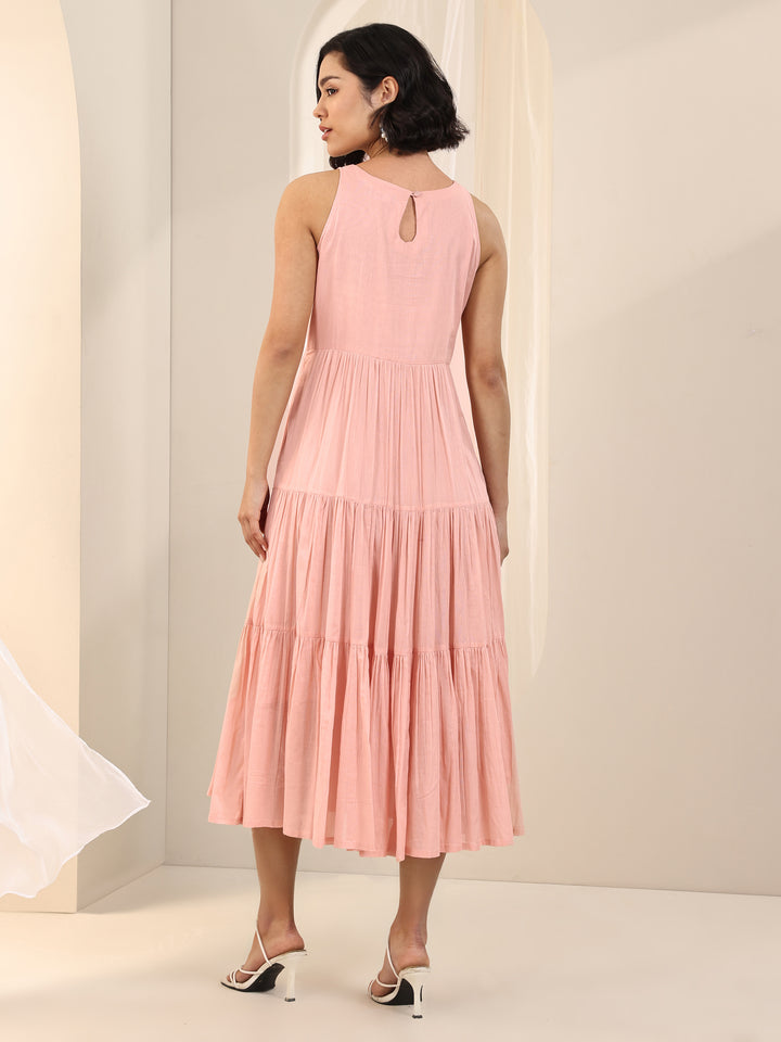 Peach Solid Cotton Fit and Flare One Piece Dress