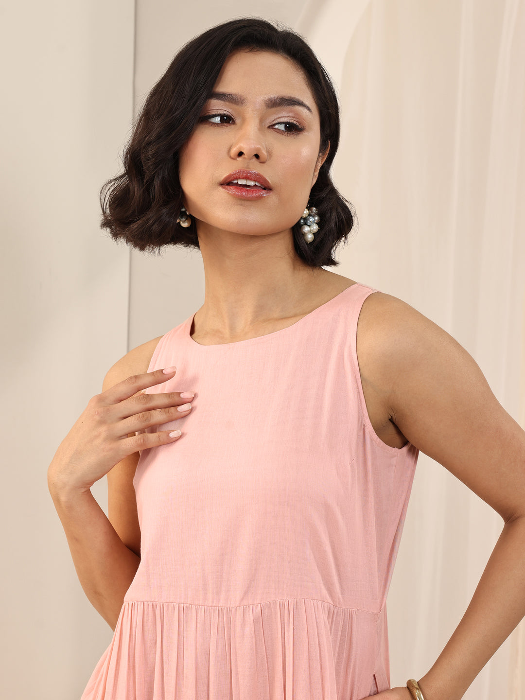 Peach Solid Cotton Fit and Flare One Piece Dress