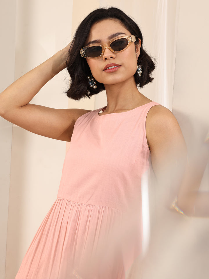 Peach Solid Cotton Fit and Flare One Piece Dress