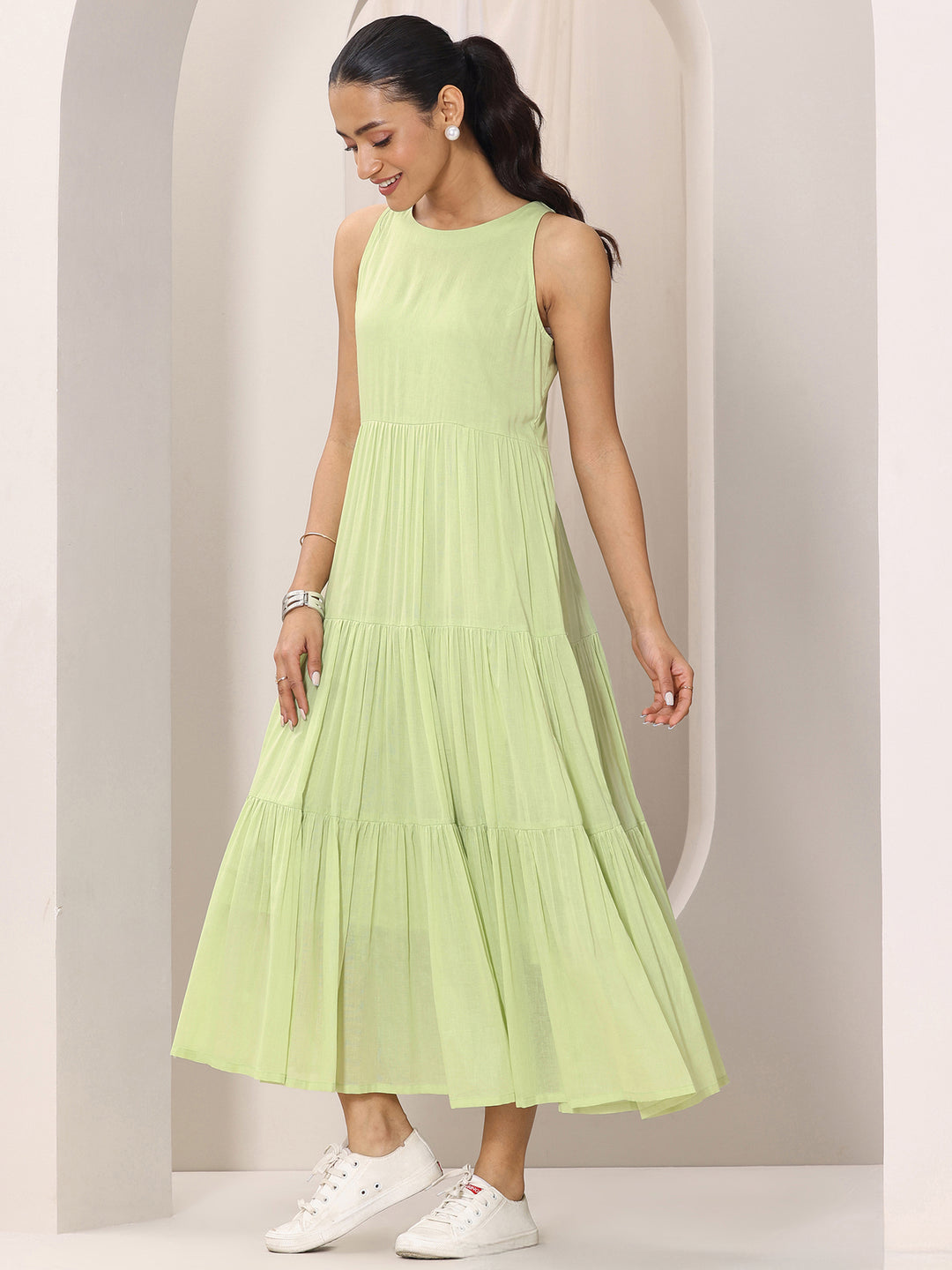 Green Solid Cotton Fit and Flare One Piece Dress