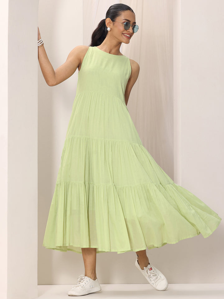 Green Solid Cotton Fit and Flare One Piece Dress