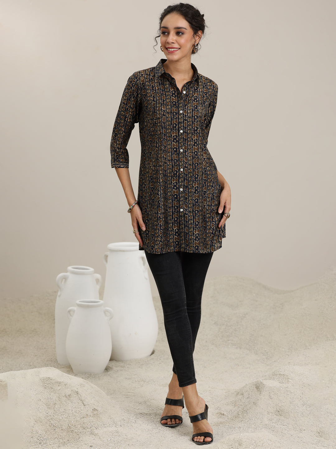 Blue Printed Silk Blend Straight Short Kurti