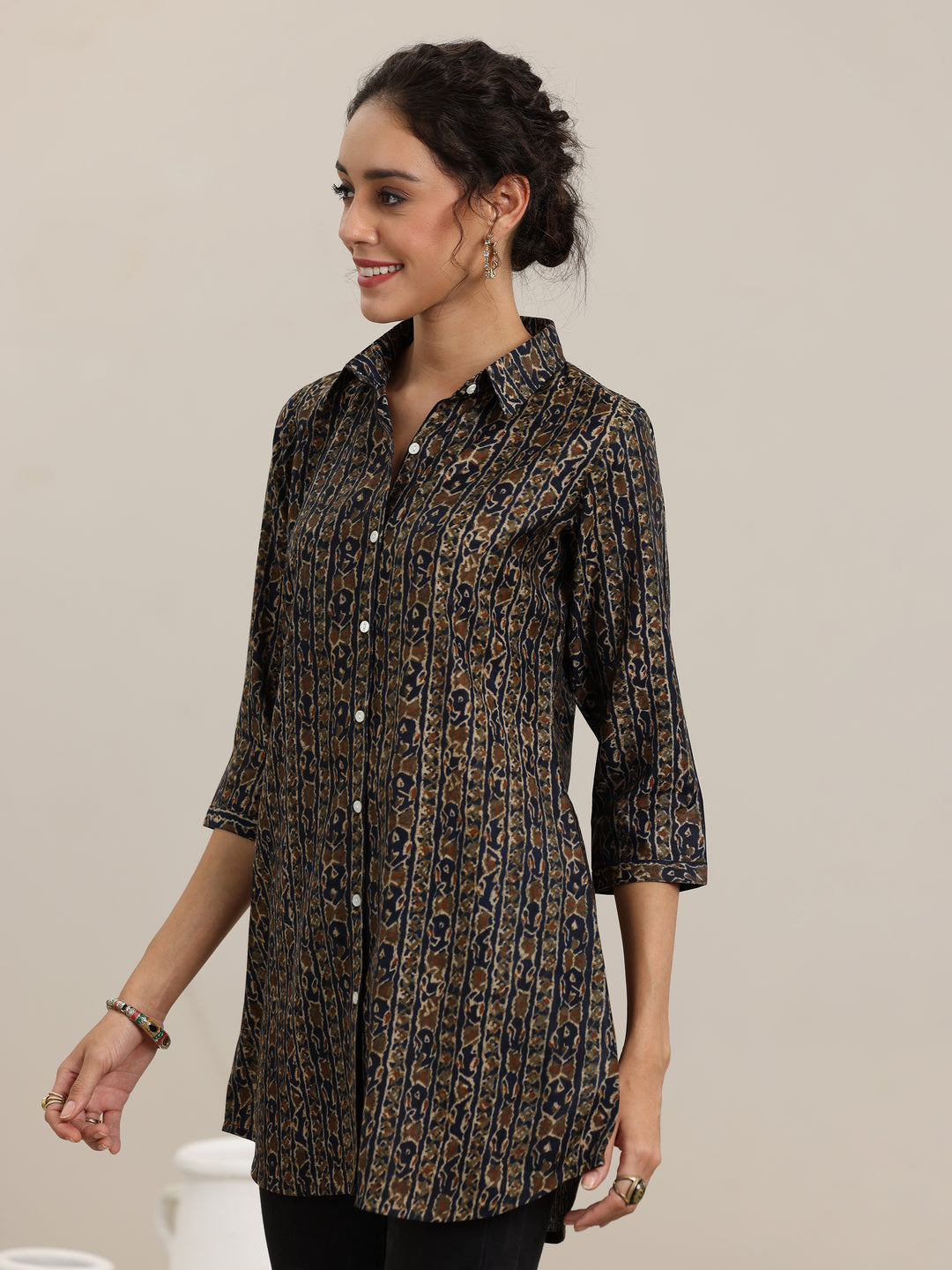 Blue Printed Silk Blend Straight Short Kurti