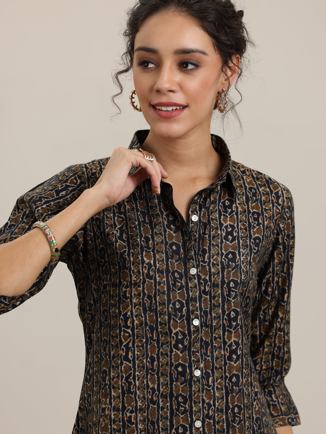 Blue Printed Silk Blend Straight Short Kurti