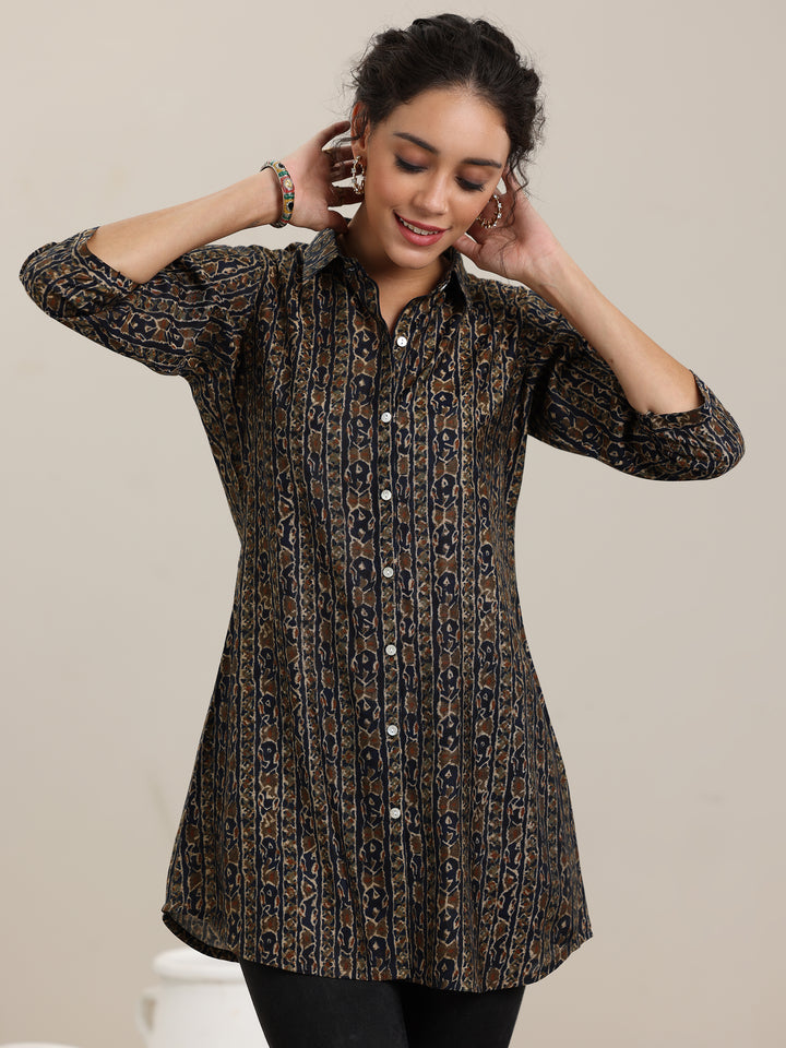Blue Printed Silk Blend Straight Short Kurti