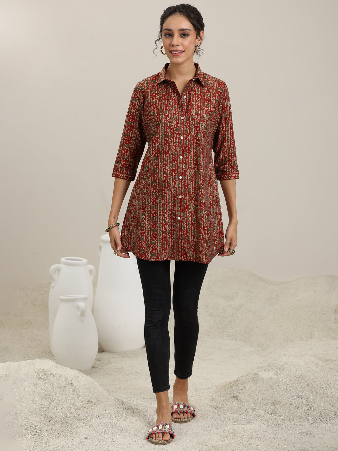 Rust Printed Silk Blend Straight Short Kurti