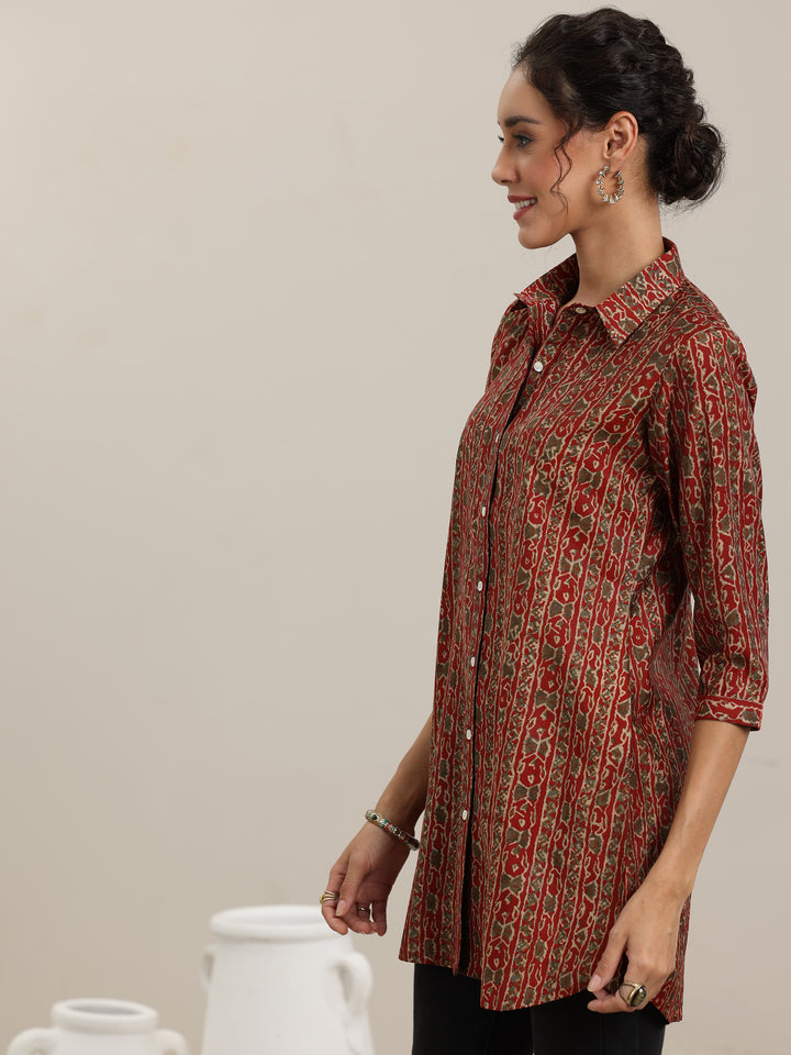 Rust Printed Silk Blend Straight Short Kurti