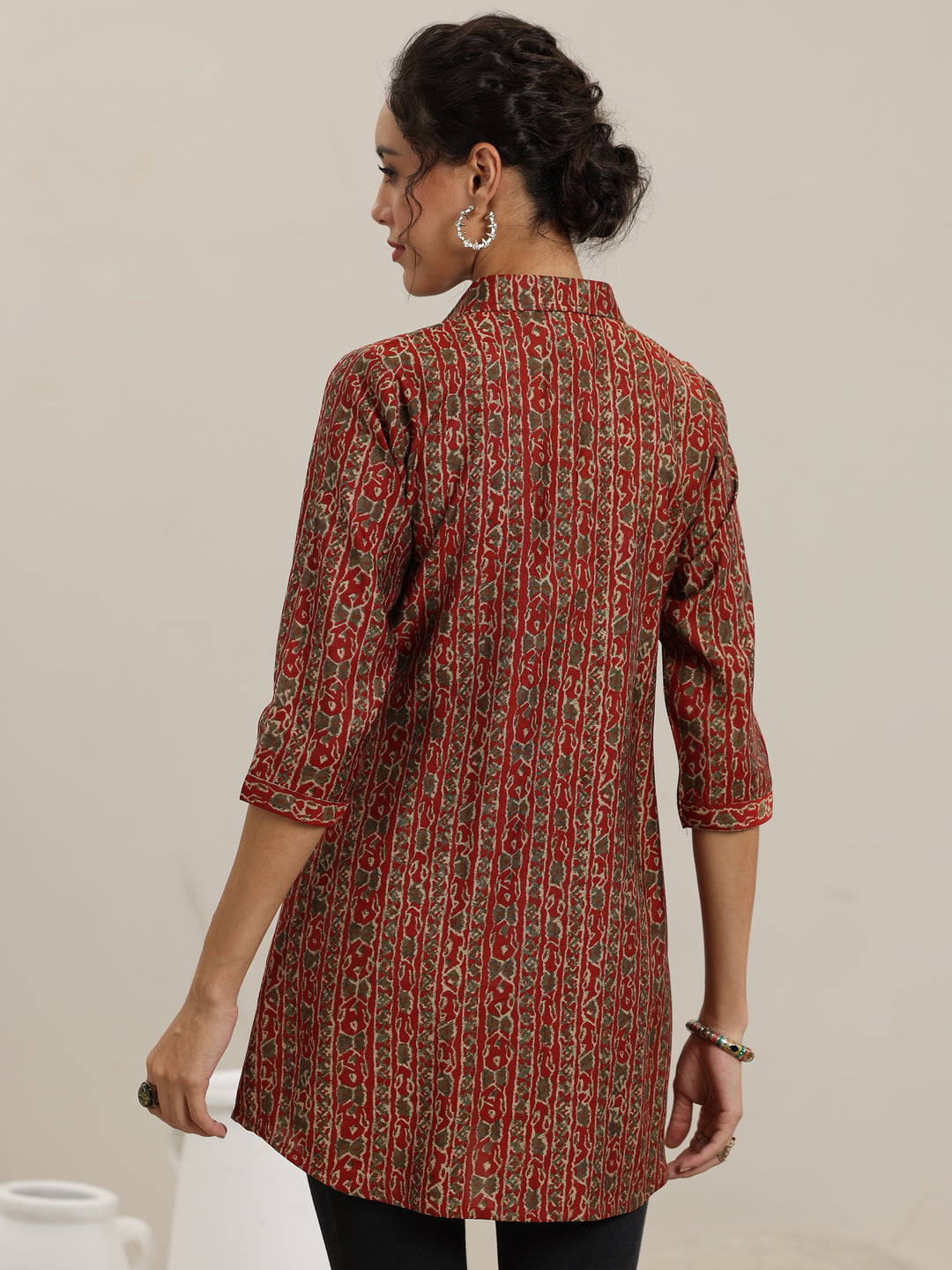 Rust Printed Silk Blend Straight Short Kurti