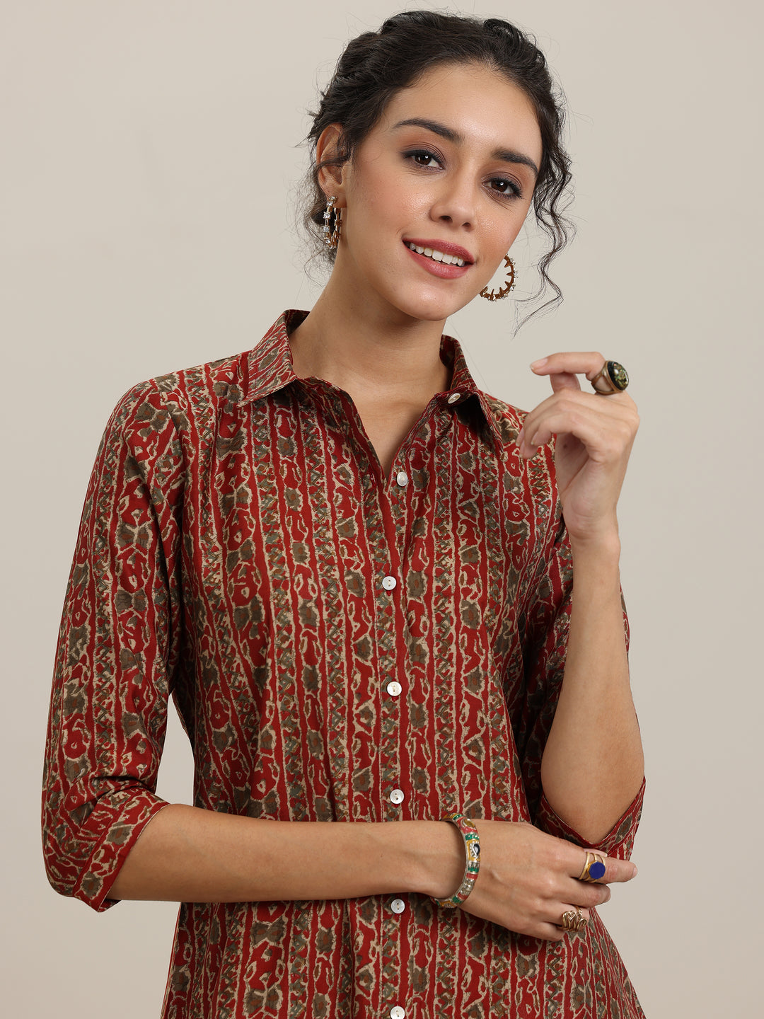 Rust Printed Silk Blend Straight Short Kurti