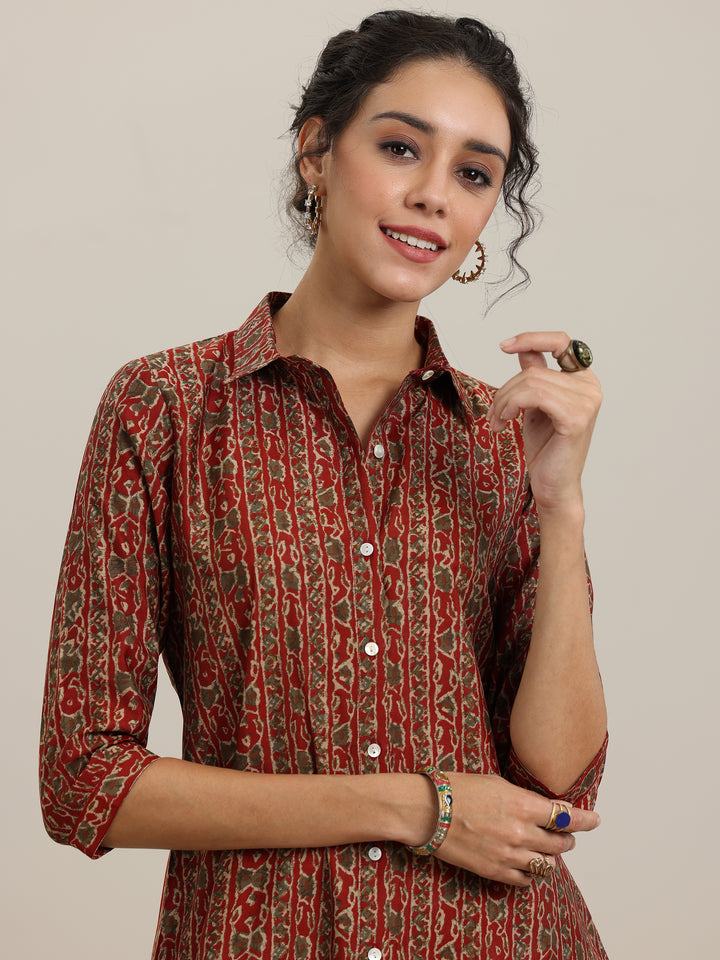Rust Printed Silk Blend Straight Short Kurti