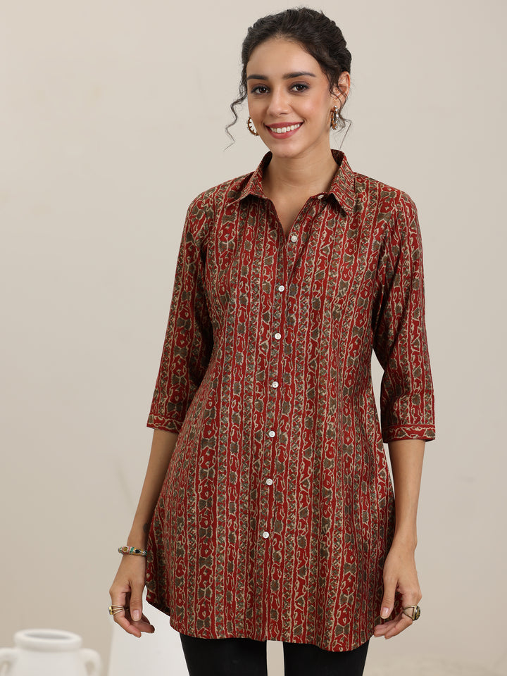 Rust Printed Silk Blend Straight Short Kurti