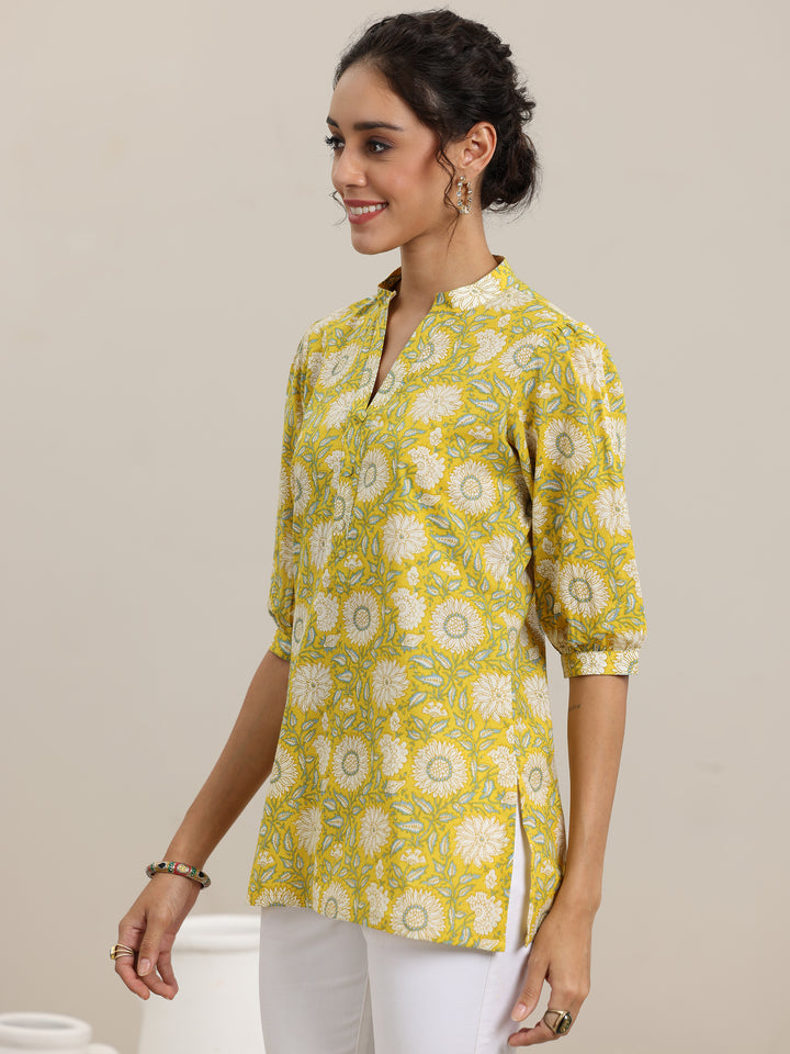 Yellow Printed Cotton Straight Short Kurti