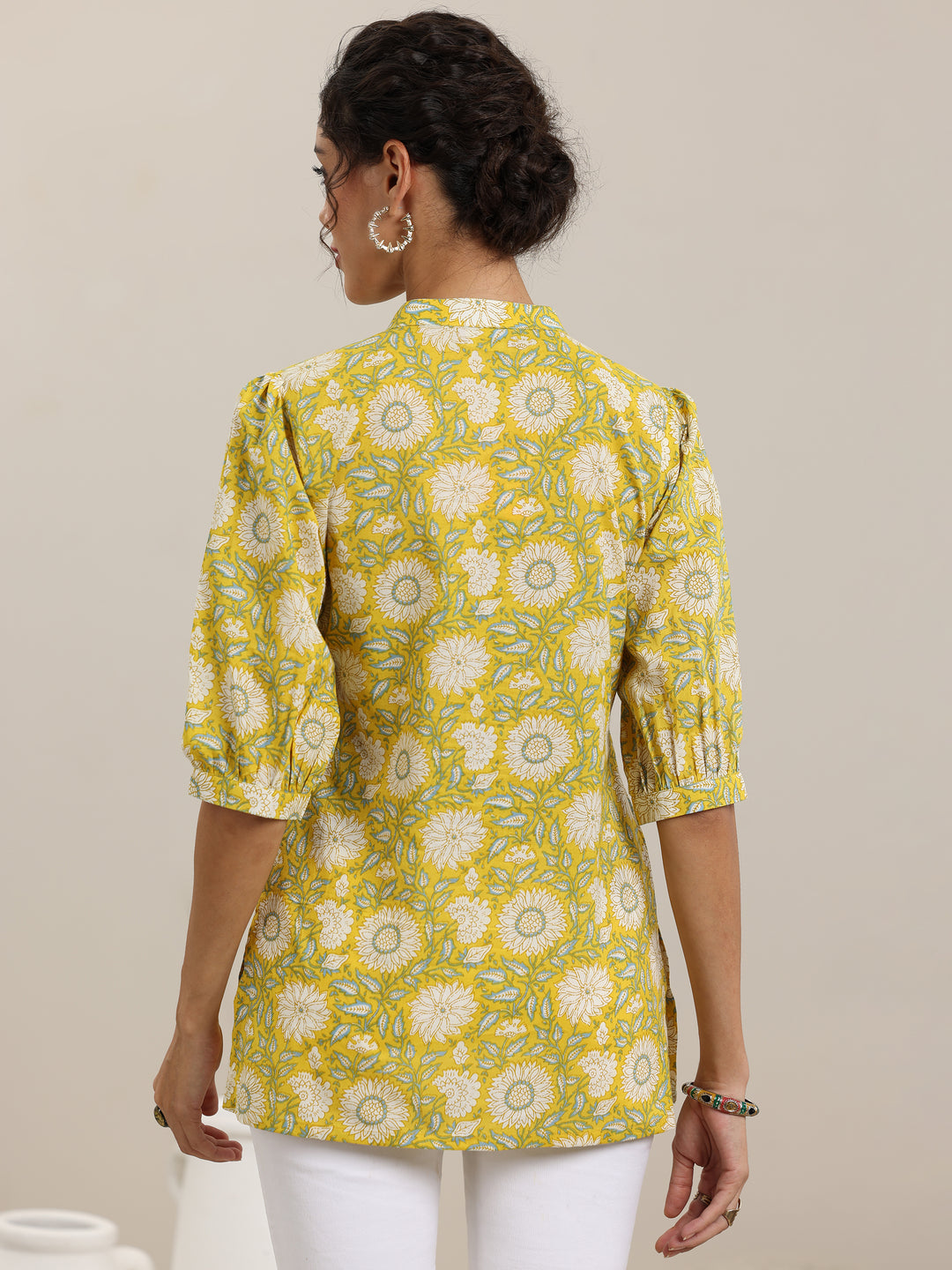 Yellow Printed Cotton Straight Short Kurti