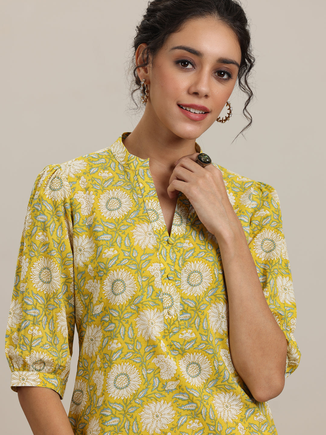 Yellow Printed Cotton Straight Short Kurti